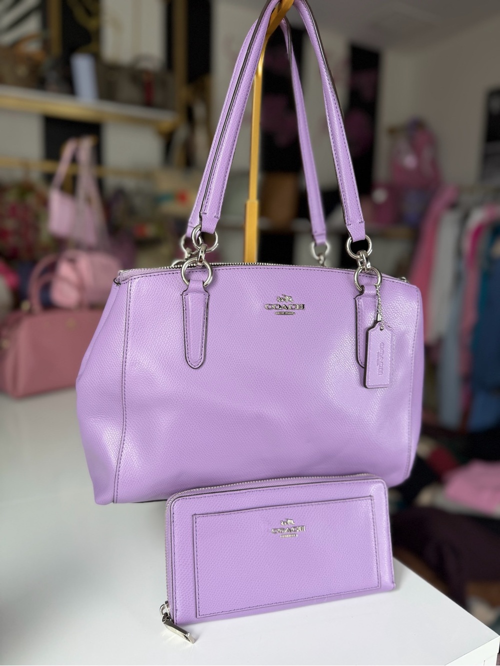Coach Lavender Purple lilac Leather Carryall Satchel + Matching Wallet Set